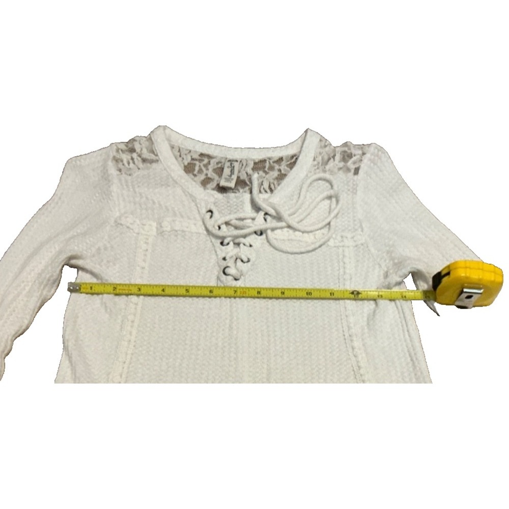 American Rag Crochet-Trim Lace-Up Waffle-Knit Top in Pale Cream, Size Small - Picture 5 of 6